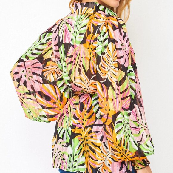 Women's Long Sleeve Button Up Leaf Print Shimmer Blouse Multicolor - Picture 5 of 8